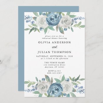 Dusty Blue & White Floral Rehearsal Dinner Invitation by oddowl at Zazzle