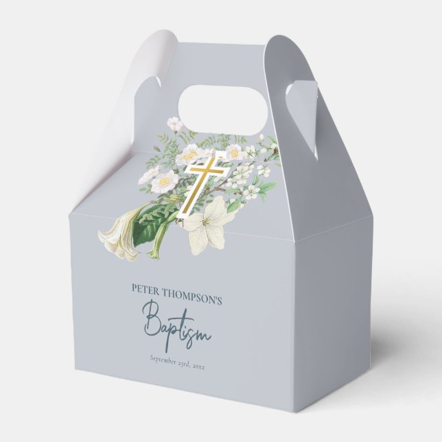 Dusty Blue White Floral Religious Cross Baptism  Favor Boxes (Front Side)