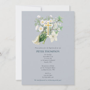 Dusty Blue White Floral Religious Cross Baptism Invitation