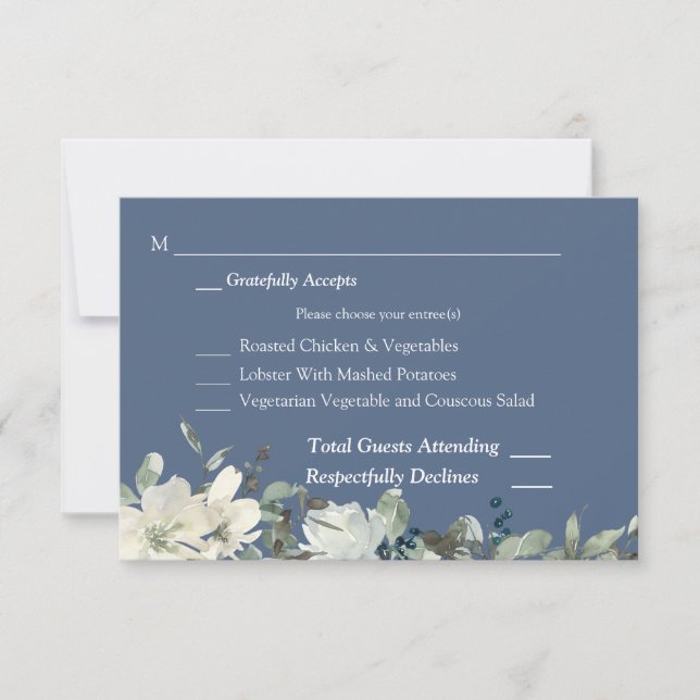 Dusty Blue & White Floral RSVP 3 Meal Card- Blue (Front)