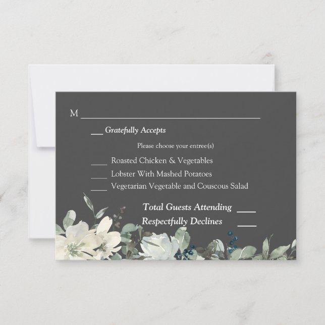 Dusty Blue & White Floral RSVP 3 Meal Card- Gray (Front)