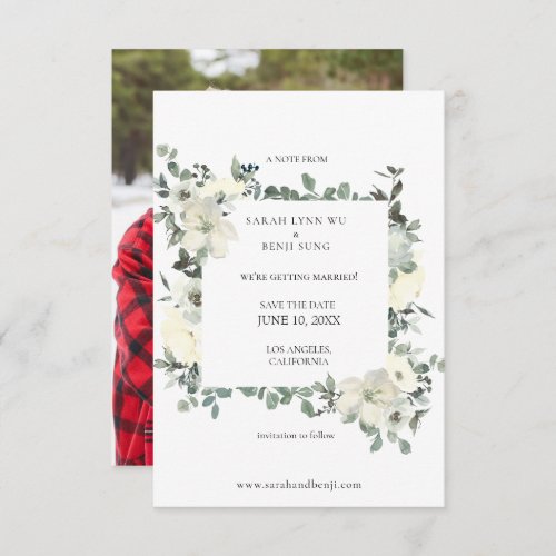 Dusty Blue  White Floral Save The Date w Photo