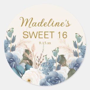 Dusty Blue White Floral Sweet 16 Birthday Name Classic Round Sticker