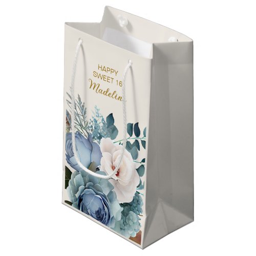 Dusty Blue White Floral Sweet 16   Small Gift Bag
