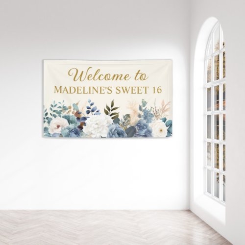 Dusty Blue White Floral Sweet 16 Welcome Banner