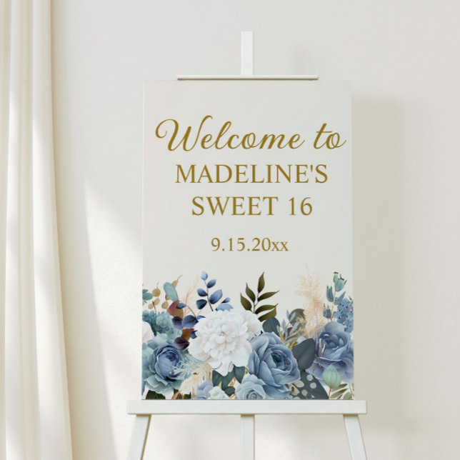 Dusty Blue White Floral Sweet 16 Welcome Foam Board (Creator Uploaded)