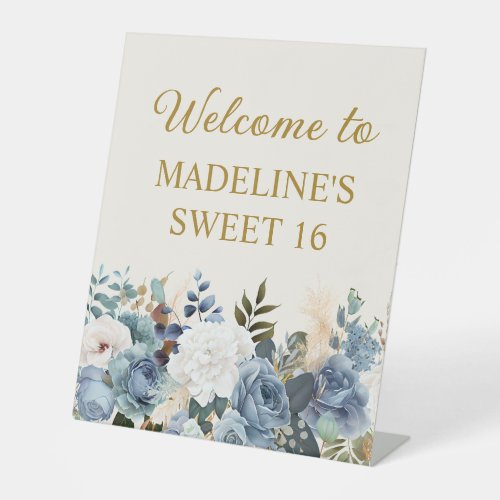 Dusty Blue White Floral Sweet 16 Welcome  Pedestal Sign