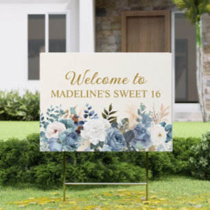 Dusty Blue White Floral Sweet 16 Welcome Sign