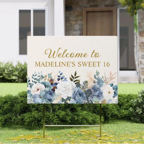 Dusty Blue White Floral Sweet 16 Welcome  Sign