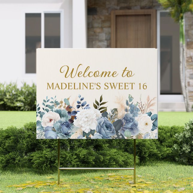 Dusty Blue White Floral Sweet 16 Welcome  Sign (Creator Uploaded)
