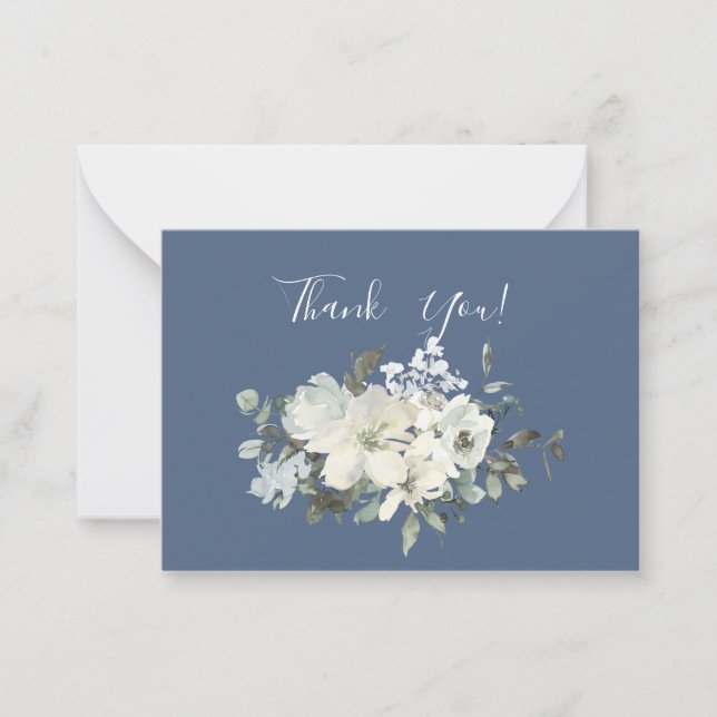 Dusty Blue & White Floral Thank You- Blue Note Card (Front)