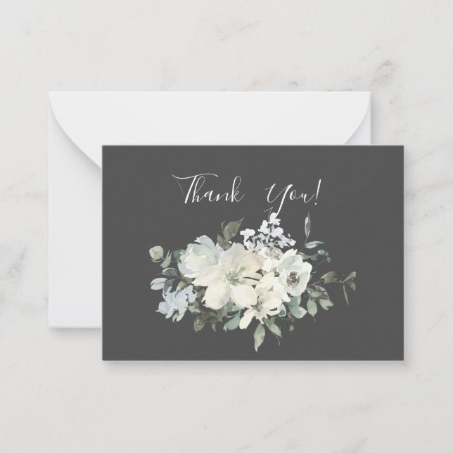 Dusty Blue & White Floral Thank You- Gray Note Card (Front)
