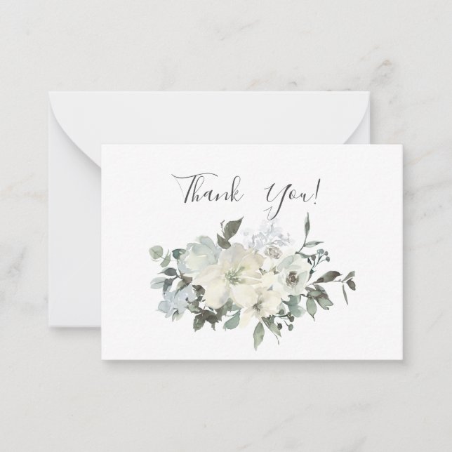 Dusty Blue & White Floral Thank You Note Card (Front)