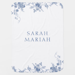Dusty Blue & White Floral Toile Personalized Name Baby Blanket