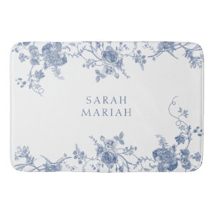 Dusty Blue & White Floral Toile Personalized Name Bath Mat