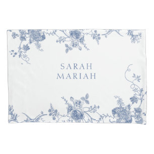 Dusty Blue & White Floral Toile Personalized Name Pillow Case