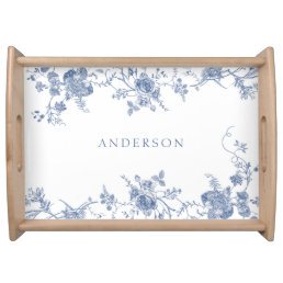 Dusty Blue & White Floral Toile Personalized Name Serving Tray