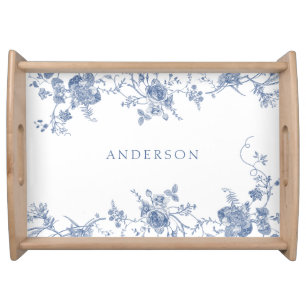 Dusty Blue & White Floral Toile Personalized Name Serving Tray