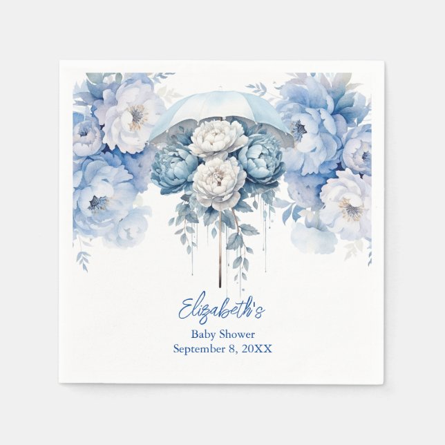 Dusty Blue White Floral Umbrella Baby Shower Napkins (Front)