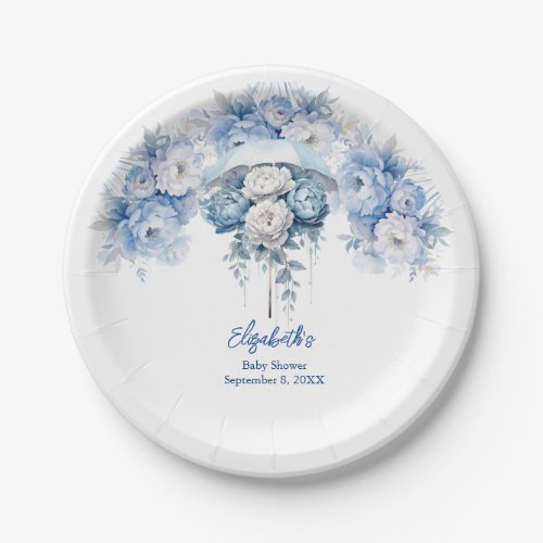 Dusty Blue White Floral Umbrella Baby Shower Paper Plates
