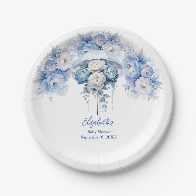 Dusty Blue White Floral Umbrella Baby Shower Paper Plates (Front)