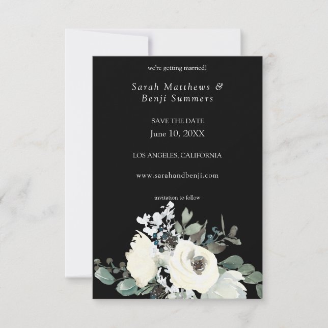 Dusty Blue & White Floral V3- Black Save The Date (Front)