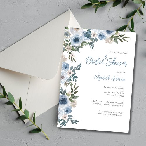 Dusty Blue White Floral Watercolor Bridal Shower  Invitation