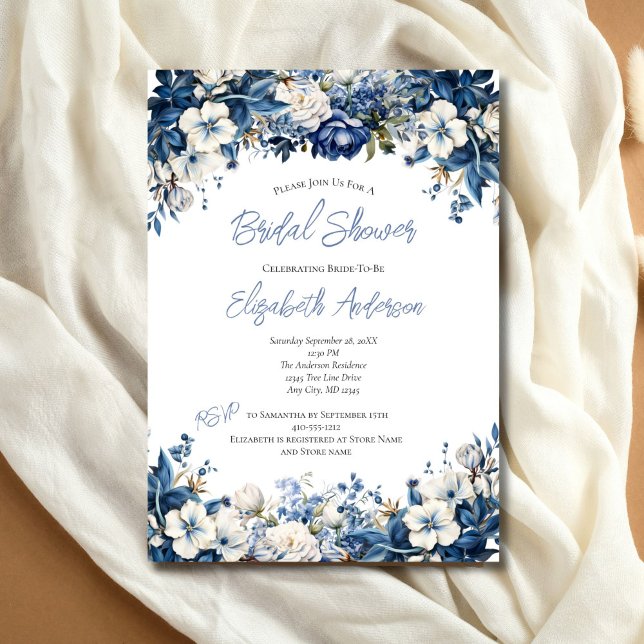 Dusty Blue White Floral Watercolor Bridal Shower  Invitation (Dusty Blue White Floral Bridal Shower Invitation. Elegant Watercolor. Printed or Digital Download)