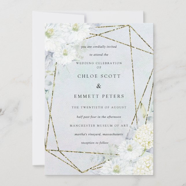 Dusty Blue White Floral Watercolor Wedding Invitation (Front)