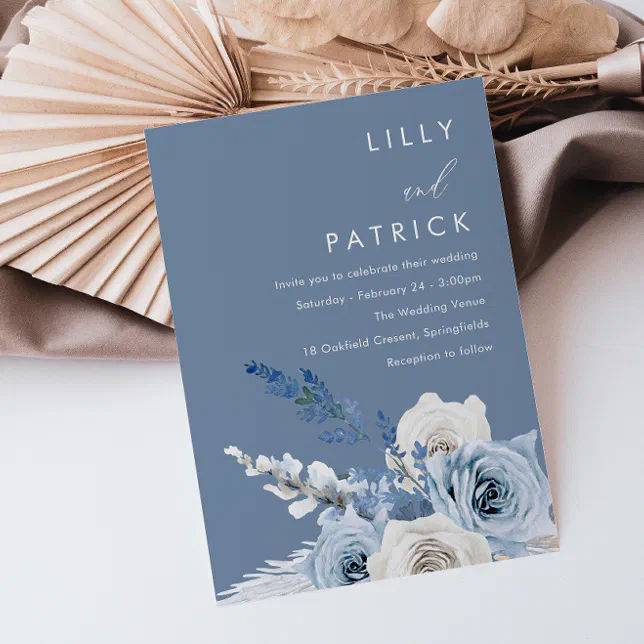 Dusty Blue & White Floral Watercolor Wedding Invitation | Zazzle