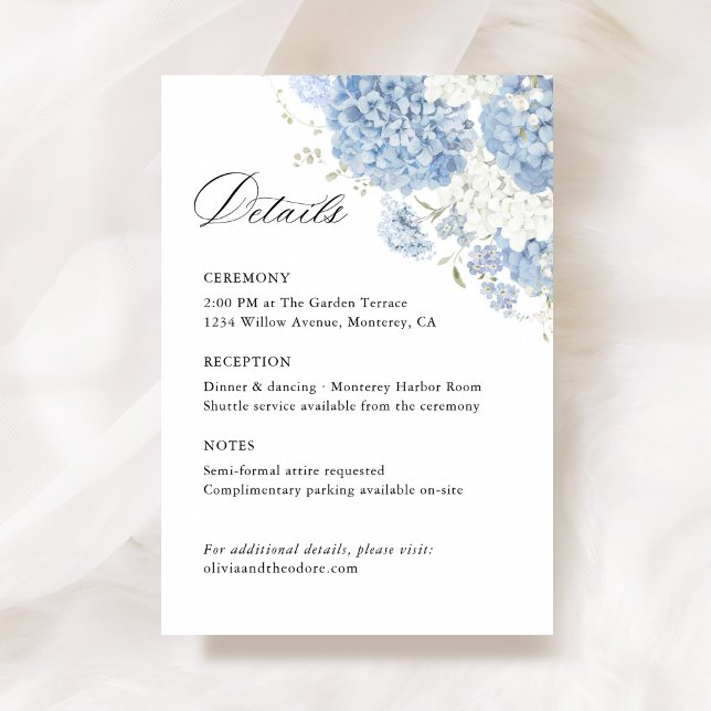 Dusty Blue White Floral Wedding Details, Info Enclosure Card (Dusty blue white floral wedding details card, ceremony info enclosure with watercolor hydrangea)