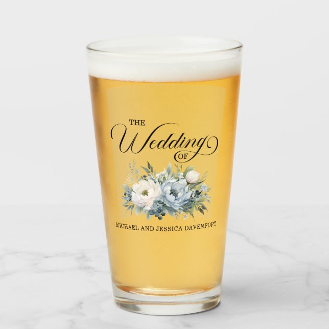 Dusty Blue White Floral Wedding Favor Glass (Front Filled)
