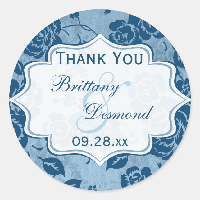 Dusty Blue, White Floral Wedding Favor Sticker (Front)