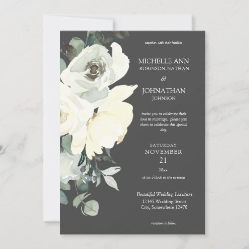Dusty Blue  White Floral Wedding_ Gray Invitation