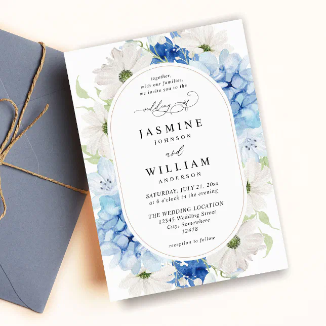 Dusty Blue & White Floral Wedding Invitation | Zazzle