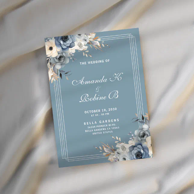 Dusty Blue & White Floral Wedding Invitation | Zazzle