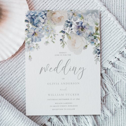 Dusty Blue  White Floral Wedding Invitation
