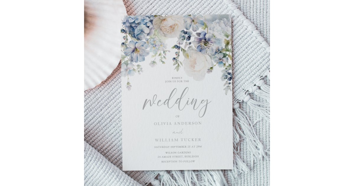 Dusty Blue & White Floral Wedding Invitation | Zazzle