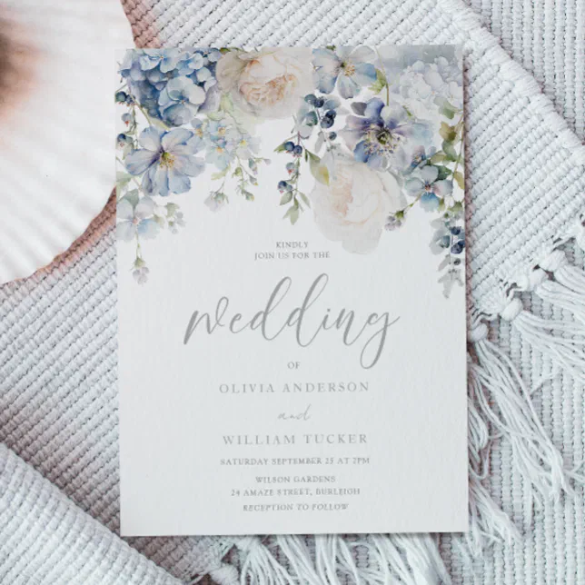 Dusty Blue & White Floral Wedding Invitation | Zazzle