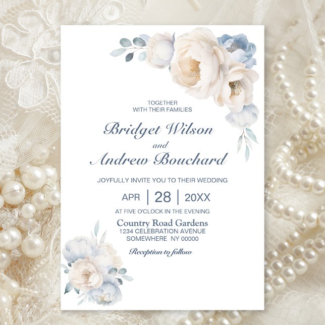 Dusty Blue White Floral Wedding Invitation (Creator Uploaded)