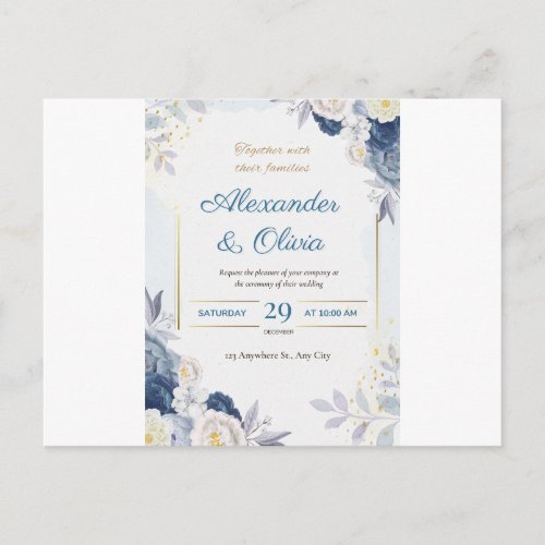 Dusty Blue  White Floral Wedding Invitation Cards
