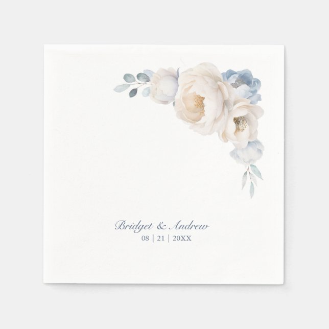 Dusty Blue White Floral Wedding Napkins (Front)