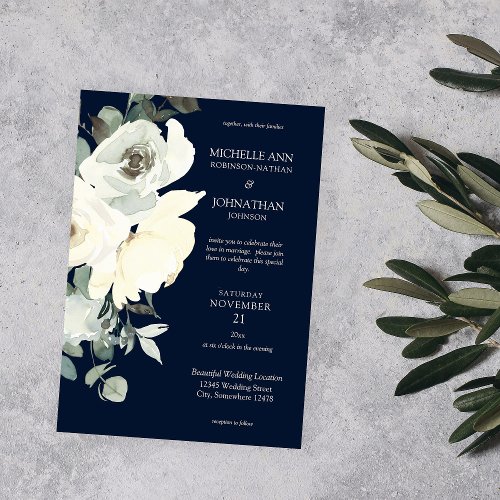 Dusty Blue  White Floral Wedding_ Navy Invitation