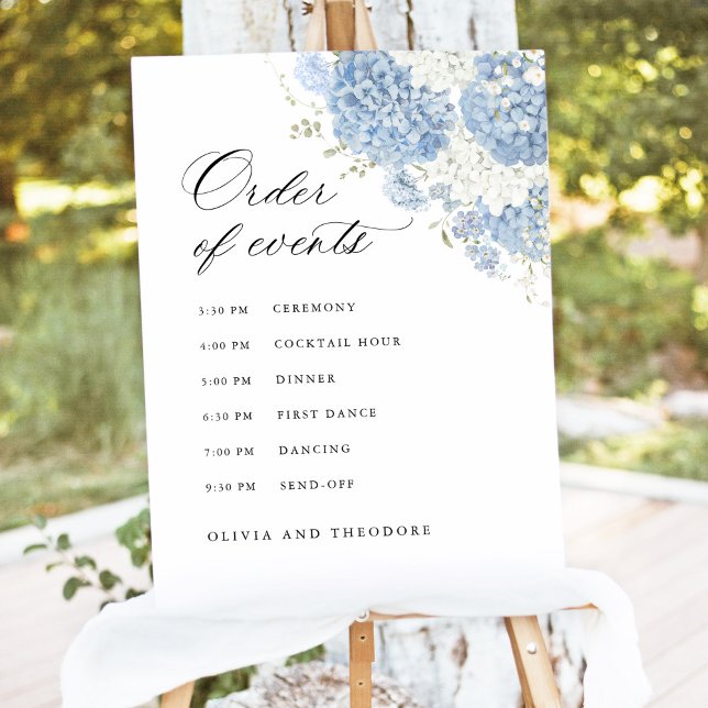 Dusty Blue White Floral Wedding Order of Events Foam Board (Dusty blue white floral watercolor wedding sign order of events ceremony timeline garden easel)