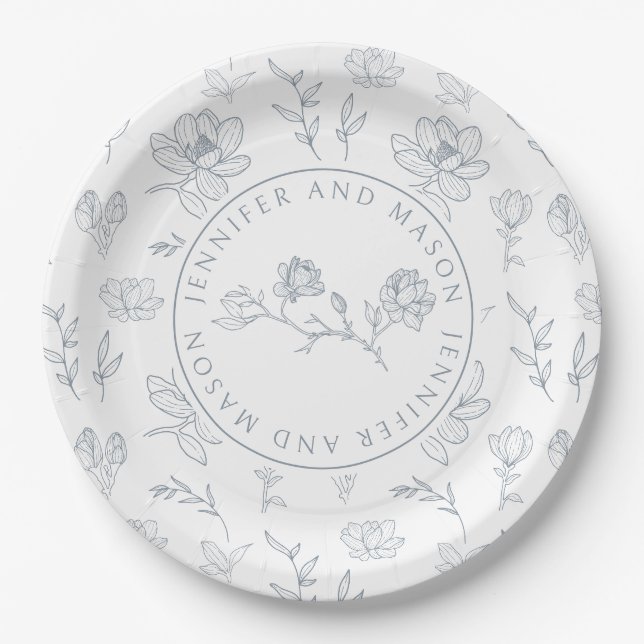 Dusty blue white floral wedding paper plates (Front)