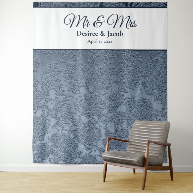 Dusty Blue White Floral Wedding Photo Booth Tapestry (In Situ)
