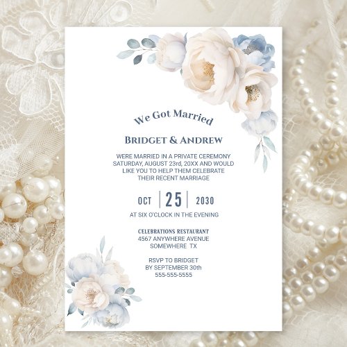 Dusty Blue White Floral Wedding Reception Invitation