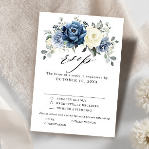Dusty Blue White Floral Wedding Reply Meal Choice RSVP Card