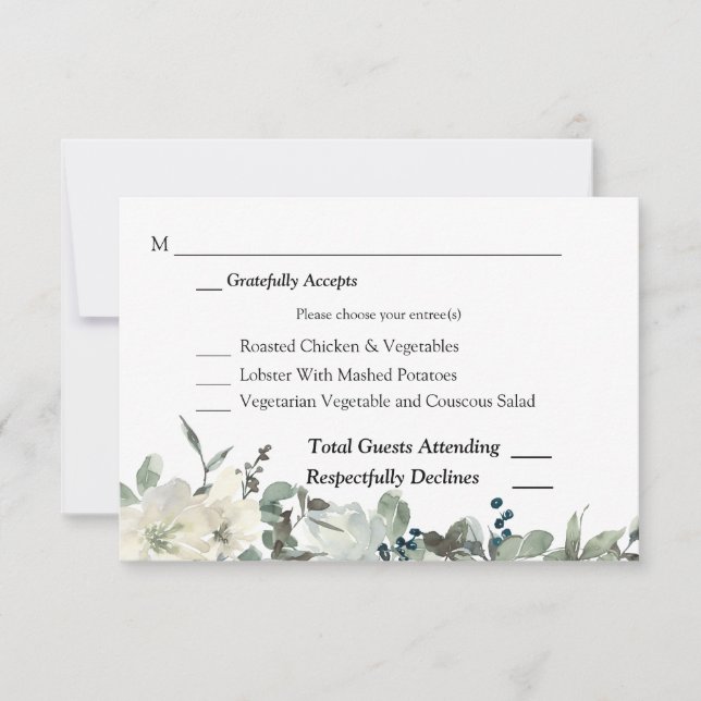 Dusty Blue & White Floral Wedding RSVP 3 Meal Card (Front)