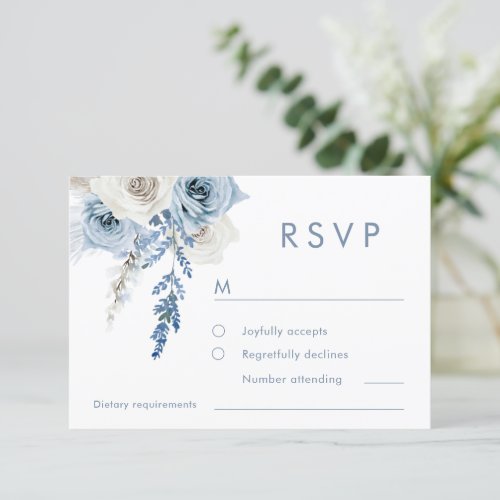 Dusty Blue  White Floral Wedding  RSVP Card